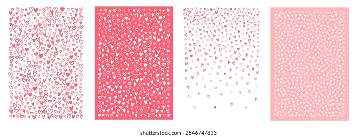 Conjunto de fondos de San Valentín de corazones dibujados a mano, colección. Rectángulo forma Vector patrones caóticos y borde. Marcador de doodle lindo dibujado diferentes Formas de corazón Pequeño y siluetas.