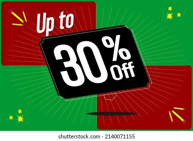 Up to. -30 percent discount. 30% discount. Up to 30%. Green and red banner with floating balloon for promotions and offers.  Vector. Discount and offer board.