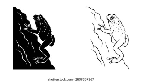 Toad climbing rock silhouette and line art