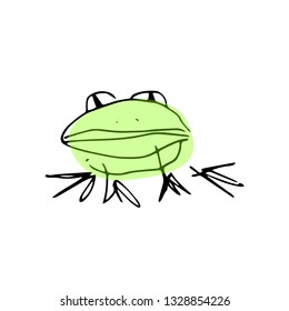 Toad. Cute green frog cartoon character isolated on white background. Black. Doodle. Handwriting. Vector illustration. 