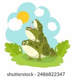 Toad family, toads sitting on each other, sky, clouds, sun, grass, frogs, vector illustration