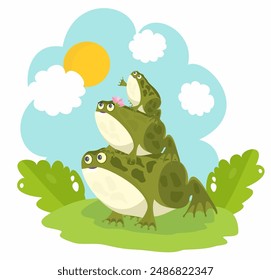 Toad family, toads sitting on each other, sky, clouds, sun, grass, frogs, vector illustration