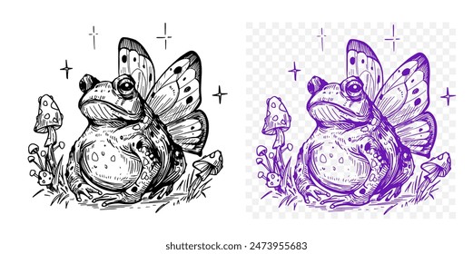 Toad with fly agarics and butterfly wings, print design, hand drawn, vector illustration, black outline