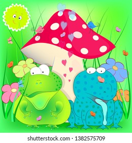 toad and frog under the mushroom. cartoon vector illustration.