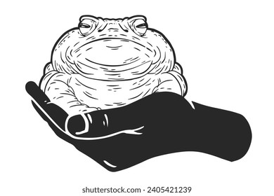 Toad in hand  isolated on white background. Funny character design in outline and color version. Cartoon vector illustration.