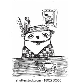 a toad in a hat sits at a table with a Cup of tea, drawing with a black gel pen, vector illustration