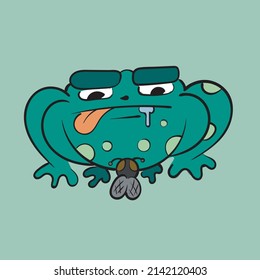 The toad licks his lips looking at the fly. Vintage toons: funny character, vector illustration trendy classic retro cartoon style 30s.