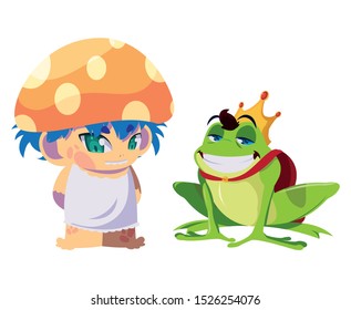 toad prince and fungu elf fairytale character vector illustration design