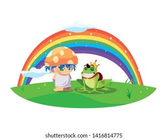 toad prince and fungu elf with rainbow