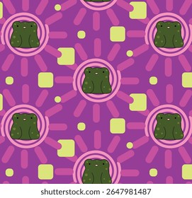 Toad ilustração padrão sem costura. Sapo bonito sobre fundo roxo. 
