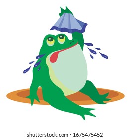 The toad is sick and it’s hot. Child character has a cold or it’s very hot weather outside. Flat vector illustration logo