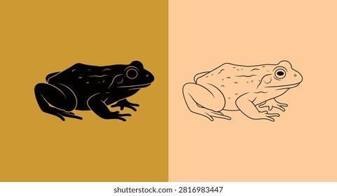 Toad silhouette and line art drawing with amphibian silhouette wildlife