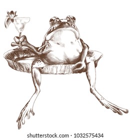 the toad sits with a raised paw with a cocktail on the big flat Lily pad, sketch vector graphics monochrome drawing