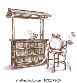 the toad sits with a raised paw with a cocktail on the bar stool next to a beach bar made of bamboo , sketch vector graphics monochrome drawing