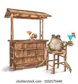 the toad sits with a raised paw with a cocktail on the bar stool next to a beach bar made of bamboo , sketch vector graphics color picture