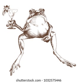 toad is sitting with a cocktail, sketch vector graphics monochrome drawing