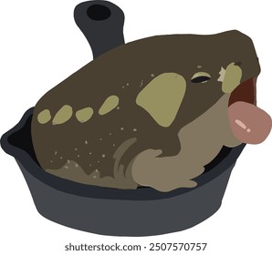 Toad sitting in a pan with his tongue out illustration