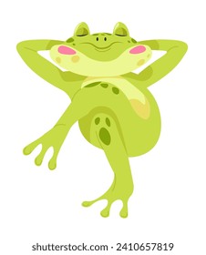 Toad sleeping with peaceful facial expression. Isolated cute frog napping or relaxing laying on paws. Adorable amphibian dreaming. Funny lazy aquatic animal character asleep. Vector in flat style