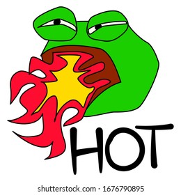 Toad spewing flames from his mouth. The word "hot" is written by hand. A green amphibious animal that is very hot. Illustration to children's book, print, logo and sticker.