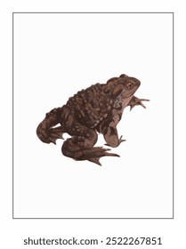 Toad with textured skin and distinctive patterns sits against neutral background, showcasing earthy tones and piercing reddish eyes.