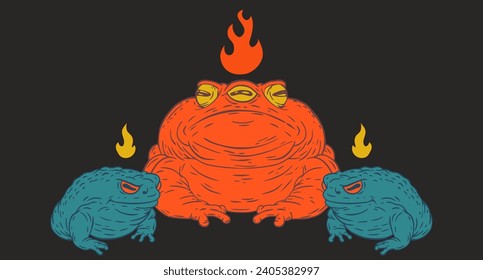 Toad with three eyes and flame on head. Magic or fantasy cartoon creature. Hand drawn vector illustration in retro style