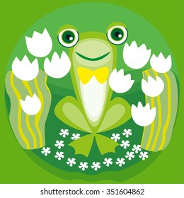 Toad in water lilies. Vector illustration.