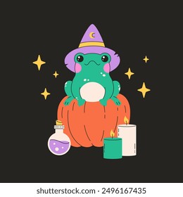 Toad in witch hat with pumpkin, potion, candles. Magic, witchcraft. Happy Halloween. Vector illustration in flat style