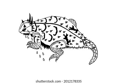 A toad-like lizard that shoots blood from its eyes. Vector stock illustration eps10. Hand drawing, isolate on a white background, outline. 