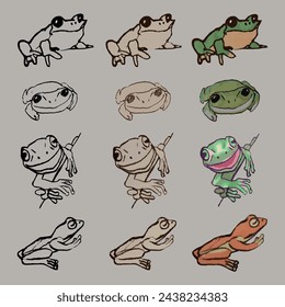 Sapos y ranas conjunto lindo contornos realistas coloridos dibujos animados en blanco y negro