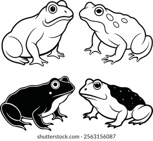  toads set of different species in different poses. Different kinds of frogs. Black vector silhouettes on white background