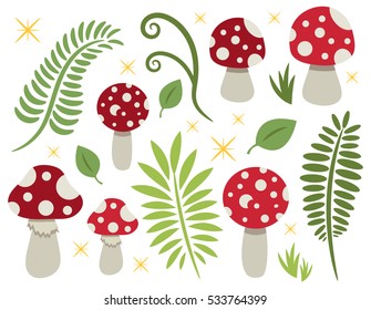 Toadstool Amanita Muscaria Red Mushroom Fern and Leaf Clip Art