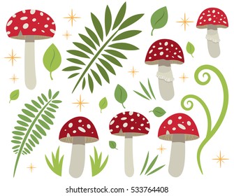 Toadstool Amanita Muscaria Red Mushroom Fern and Leaf Clip Art