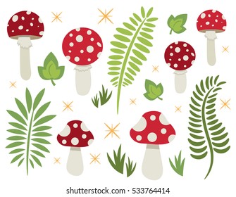 Toadstool Amanita Muscaria Red Mushroom Fern and Leaf Clip Art