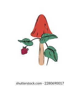 Toadstool and berry. Mushroom with a red hat and a raspberry on a bush. Forest botanical composition.