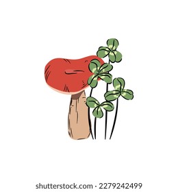 Toadstool and clover. Mushroom with red hat and four-leaf clover. Forest botanical composition.