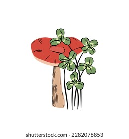 Toadstool and clover. Mushroom with red hat and four-leaf clover. Forest botanical composition.