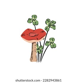 Toadstool y trébol. champiñón con sombrero rojo y trébol de cuatro hojas. Composición botánica forestal.