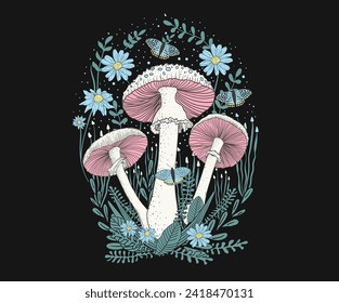 Toadstool digital painting. Butterfly art. Mushroom and Flower growing t-shirt design. Self love club t-shirt artwork. Flower artwork for t shirt print, poster, sticker, background and other uses. 