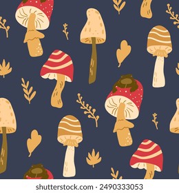 Toadstool and fly agaric seamless pattern. Night magical forest. Inedible mushrooms repeat background. Vector hand drawn illustration.