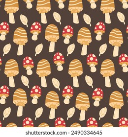 Toadstool and fly agaric seamless pattern. Inedible mushrooms repeat background. Vector hand drawn illustration.