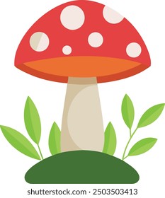 Toadstool with Green Leaves and grass illustration style Colorful Mushroom 