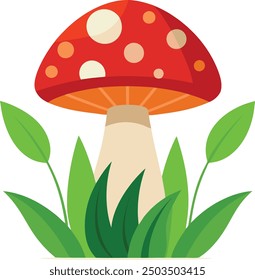 Toadstool with Green Leaves and grass illustration style Colorful Mushroom 