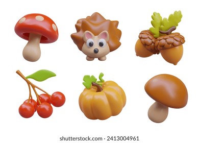 Toadstool, hedgehog, acorns, red berries, ripe pumpkin, edible mushroom. 3D bright vector illustration on white background. Autumn theme. Set for children funny compositions