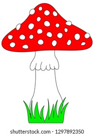 Toadstool icon. Cartoon red mushrooms with grass. Vector illustration isolated on white background.