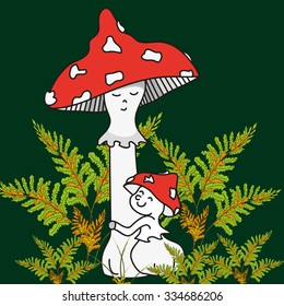 Toadstool mom and her baby in bracken. Perfect vector illustration for children books, postcard, print on t-shirt