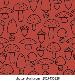 Toadstool mushroom drawings in dark line art over red background creating a seamless pattern background print. Vector illustration. Fall kids projects and home decor projects. Surface pattern design.