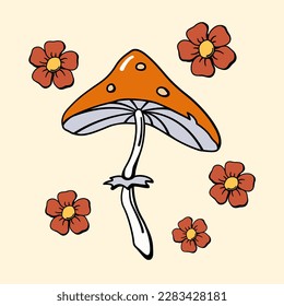 Toadstool mushroom and flowers 70s retro style color vector illustration design elements. Hand drawn hippie floral print with amanita or fly agaric