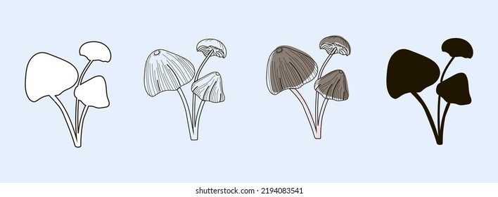 Toadstool mushroom set drawn in outline style, line, doodles and black silhouette. Vector illustration on a blue background.