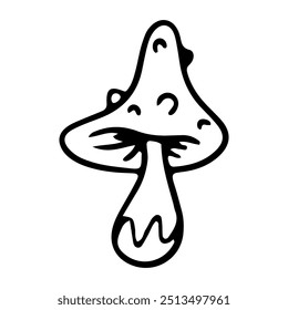 Toadstool mushroom with spots on the hat, black and white illustration in line art style. Toxic mushroom