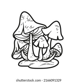 Toadstool mushrooms on moss linear drawing for coloring isolated on white background